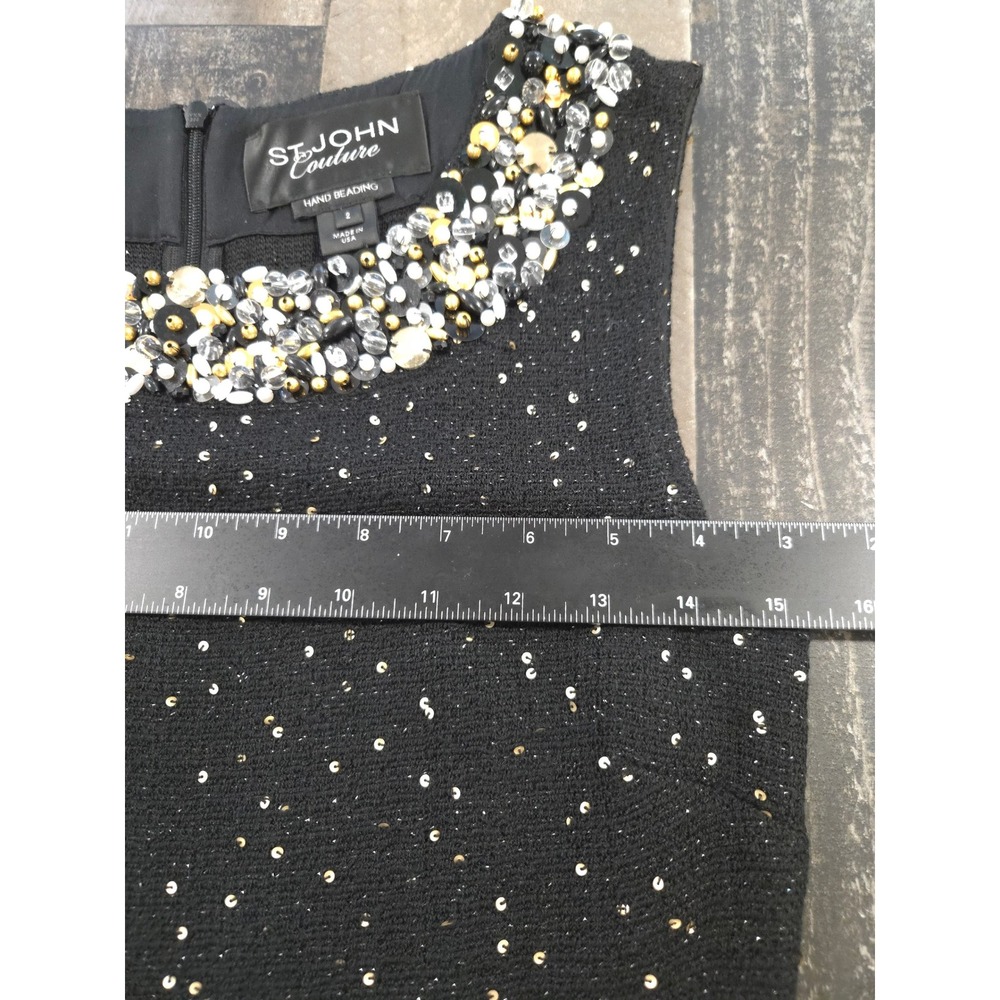 St John Couture Black Sequin Santana Knit Hand Beaded Dress Size 2 Made in USA - Picture 12 of 16